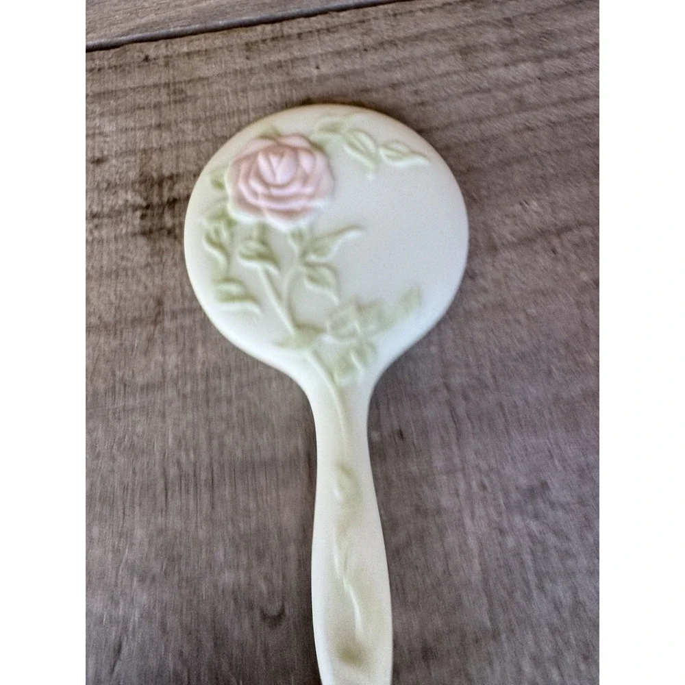ANTIQUE CERAMIC HAND MIRROR ROSE STEM‎ LEAVES CHILD VANITY DOLL VINTAGE OLD